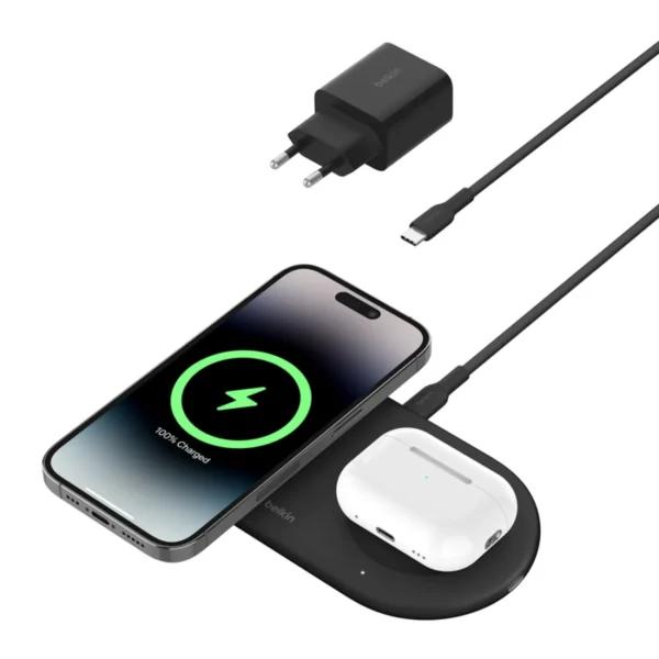 Base de carga 2 en 1 inalambrica plana Qi2 con USB-C Belkin negra