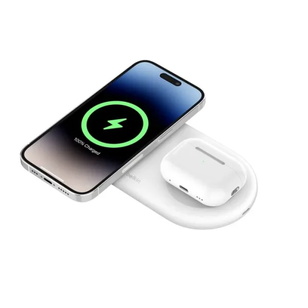 Base de carga 2 en 1 inalambrica plana Qi2 con USB-C Belkin blanca