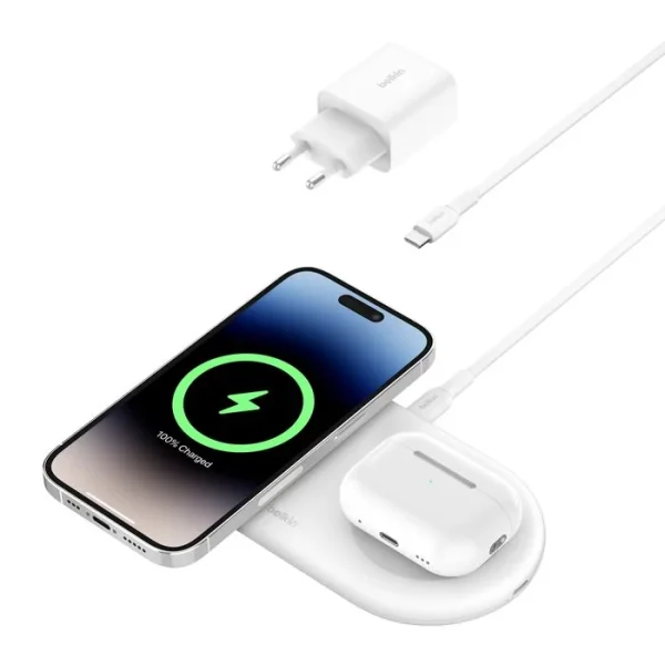 Base de carga 2 en 1 inalambrica plana Qi2 con USB-C Belkin blanca
