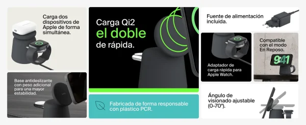 Base de carga 2 en 1 inalambrica Qi2 Belkin negra