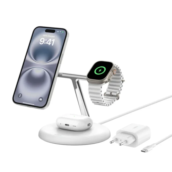 Base de carga 3 en 1 BoostCharge Qi2 15W Belkin blanca
